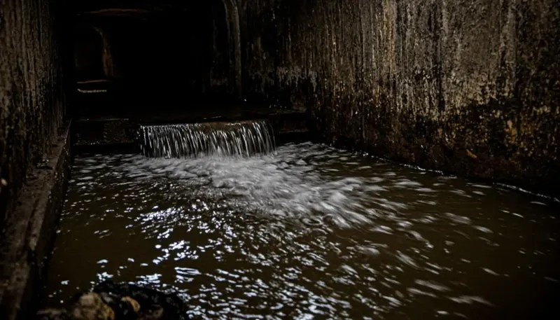Água de esgoto voltando pelo ralo de um banheiro