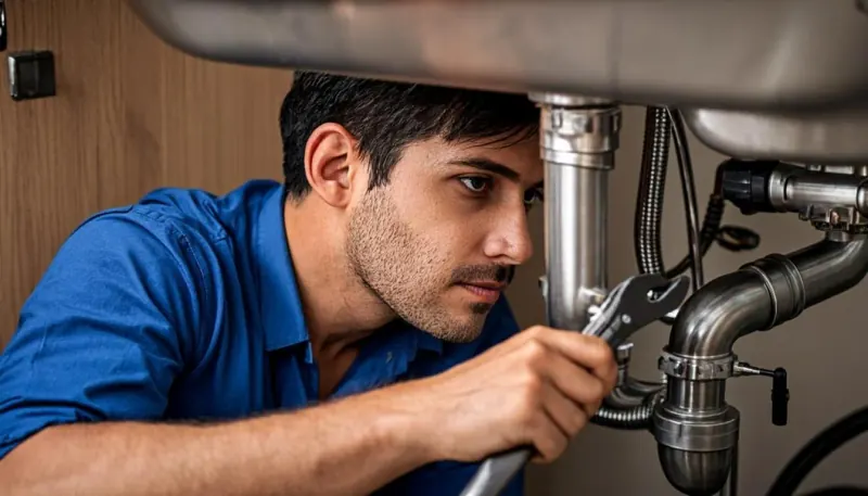 Profissional consertando vazamento sob a pia da cozinha